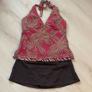 Tropical Escape Multicolor Floral Halter with Brown Skirted Bottom